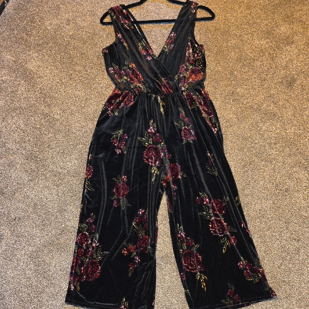 Floral Velvet Jumpsuit - Black and Red